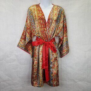 Oscar de la Renta Robe Women S/M Pink Label Paisley Loungewear Satin Knee Length